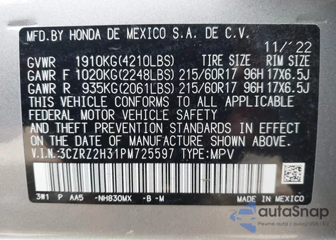 2023 Honda Hr-V Awd Lx z USA, uszkodzony, nr VIN 3CZRZ2H31PM725597